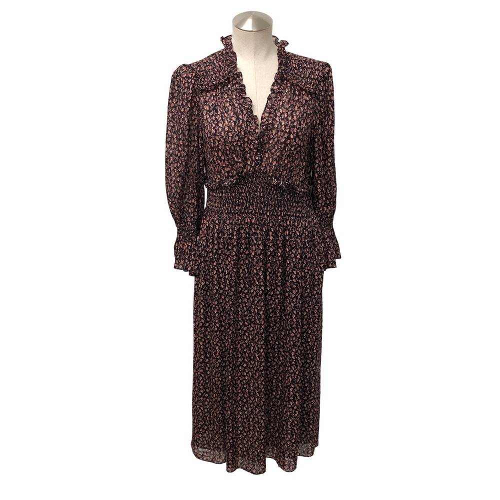 Rebecca Taylor Floral Midi Dress Womens 6 Silk Blend Smocked Waist Black Pink